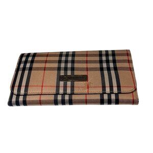 Vintage Burberry Bifold Nova Check Wallet Jacquard Fabric Horse Print Beige Red